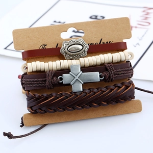 Retro multi-layer woven leather bracelet set with metal cross and beads on card