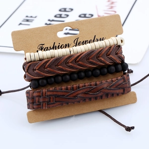 Retro multi-layer men's bracelet set with woven leather and vintage beads