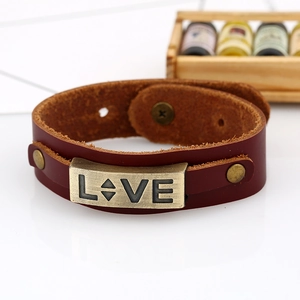 Vintage red-brown leather bracelet for men with engraved LOVE metal plate and snap button