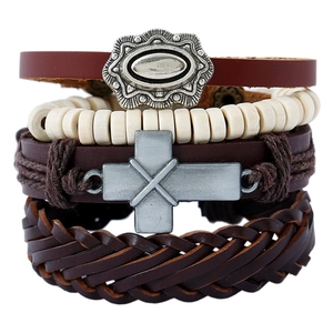 Vintage Multi-layer Leather Bracelet For Men Women Handmade Woven Alloy Cross Wood Bead Adjustable Ethnic Punk Style Wristband