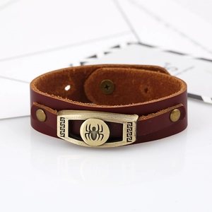 Bracciale vintage da uomo in pelle marrone con ciondolo a ragno in bronzo e chiusura