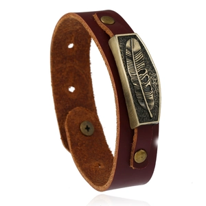 Vintage Punk Genuine Leather Bracelet For Men Women Handmade Bronze Alloy Feather Rivet Adjustable Cuff Jewelry
