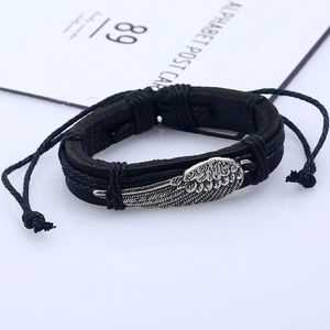 Handmade multi-layer braided leather wing bracelet in vintage black and silver finish