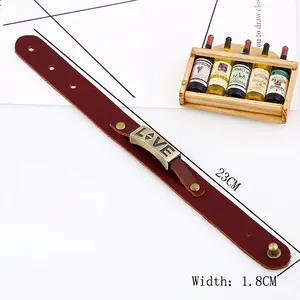 Retro punk style dark red cowhide leather bracelet featuring engraved LOVE metal plate