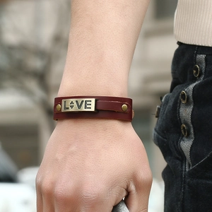Retro punk style dark red cowhide leather bracelet with LOVE engraved metal plate for men
