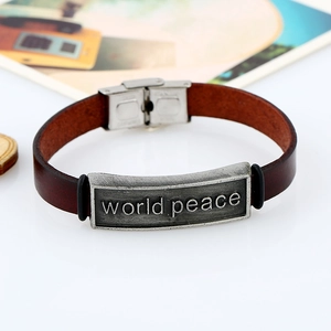 Bracelet vintage en cuir marron avec plaque acier inoxydable gravée World Peace