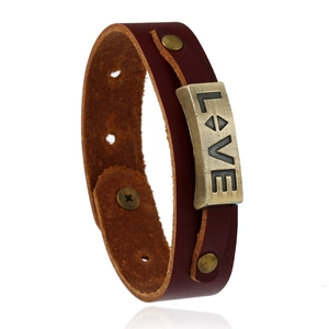 Retro Punk Men's Genuine Leather Bracelet Love Letter Metal Plate Rivet Adjustable Brown Cuff Bangle Jewelry Gift