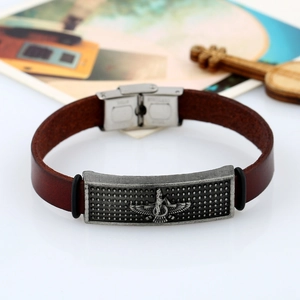 Vintage men's cowhide leather bracelet with stainless steel Faravahar relief charm