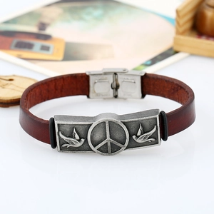 Vintage brown leather bracelet with peace sign and bird metal plaque for men