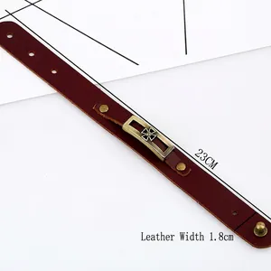 Retro reddish-brown leather bracelet with bronze metal plaque and rivet, 23cm long