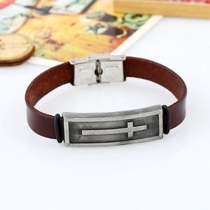 Retro brown leather bracelet for men featuring a vintage silver cross charm and steel clasp