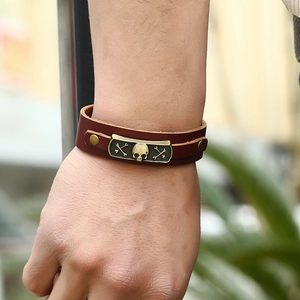 Punk brown leather bracelet with antique bronze skull charm and rivets for men