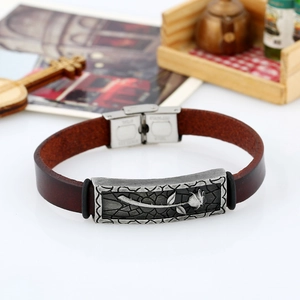 Retro brown leather bracelet with 316L stainless steel rose engraved plate and clasp
