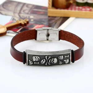 Vintage brown leather skull bracelet for men with polished stainless steel buckle