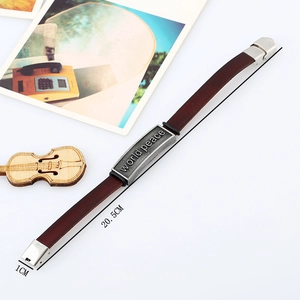 Bracelet rétro en cuir marron avec plaque World Peace en métal et fermoir de sécurité