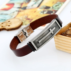 Retro cross leather bracelet with silver-tone metal crest and stainless steel clasp