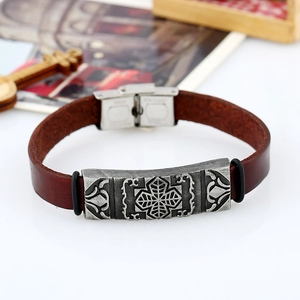 Vintage brown leather cross bracelet for men with an engraved stainless steel buckle