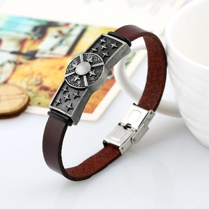 Retro brown leather bracelet with star engraved antique silver metal plate for men and women