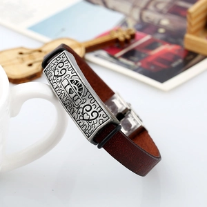 Vintage brown leather bracelet with I Love You engraved metal plate and heart design