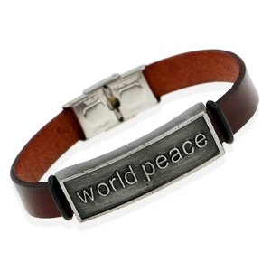 Bracelet en Cuir Rétro World Peace pour Hommes Femmes Marron avec Boucle en Acier Inoxydable Bijoux Punk Vintage