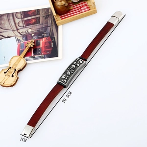 Vintage brown leather skull bracelet for men with stainless steel magnetic clasp 20.5cm