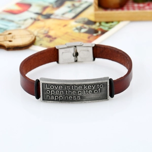 Vintage brown leather couple bracelet with engraved stainless steel quote plaque