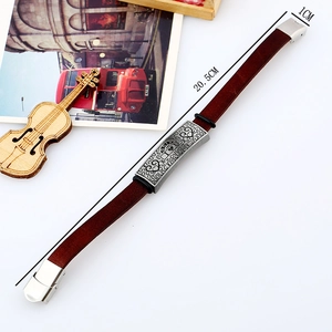 Vintage brown leather bracelet for men with engraved heart metal plate and silver buckle
