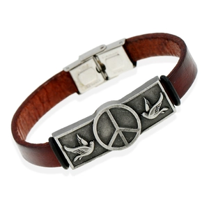 Vintage Cowhide Leather Bracelet For Men Women Stainless Steel Clasp Antique Silver Peace Sign Dove Relief Punk Jewelry