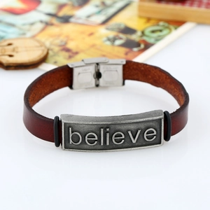Retro brown leather bracelet featuring an engraved 'believe' metal plate with silver buckle
