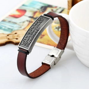 Vintage brown leather bracelet with stainless steel quote plaque and violin card