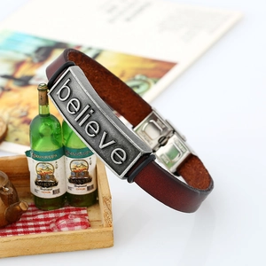 Retro brown leather bracelet with silver 'Believe' engraved plate and steel clasp
