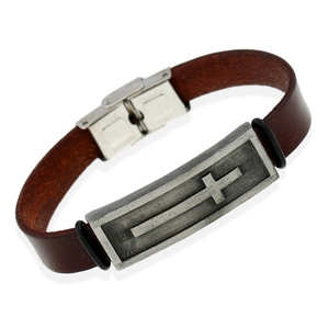 Retro Men's Genuine Cowhide Leather Bracelet Stainless Steel Alloy Cross Charm Punk Street Style Handmade Fashion Jewelry