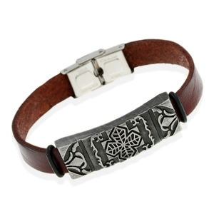 Vintage Brown Cowhide Leather Bracelet For Men Punk Stainless Steel Buckle Cross Metal Plate Embossed Hand Jewelry