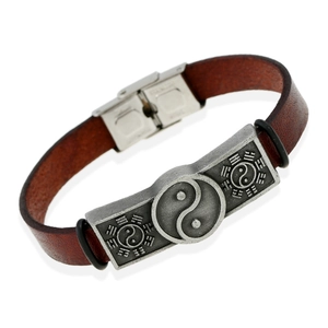 Vintage Cowhide Leather Bracelet For Men Yin Yang Bagua Alloy Charm Stainless Steel Buckle Adjustable Punk Ethnic Jewelry