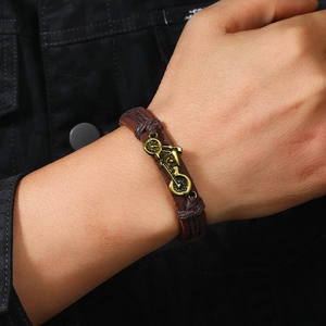 Vintage braided leather motorcycle bracelet for men with bronze motor pendant