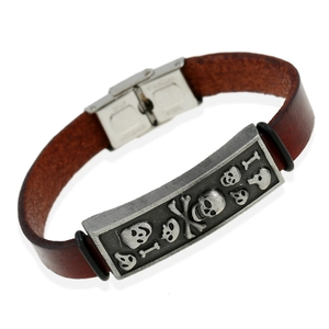 Retro Men Cowhide Leather Bracelet Punk Skull Crossbones Charm Alloy Wristband With Stainless Steel Clasp Handmade Jewelry