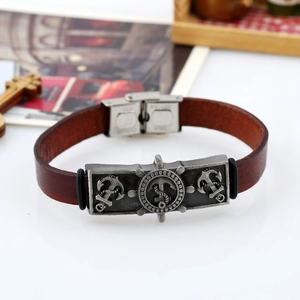 Retro brown leather bracelet featuring an antique silver anchor and rudder metal plaque