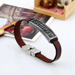Retro dark brown leather bracelet with achieve engraved antique silver metal plate