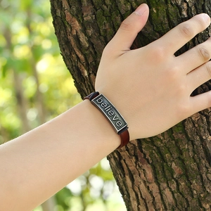 Retro brown leather bracelet with an engraved vintage silver Believe metal plate