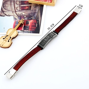 Men's retro leather bracelet with engraved achieve plaque and metal clasp, 20.5cm long