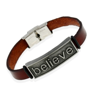 Retro Punk Believe Engraved Leather Bracelet For Men Women Adjustable Alloy Plate Stainless Steel Clasp Vintage Jewelry
