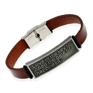 Vintage Cowhide Leather Bracelet For Men Women With Inscribed Quote Metal Plate Stainless Steel Clasp Handmade Jewelry Gift