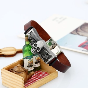 Men's punk leather bracelet with vintage silver skull and freemasonry masonic symbol