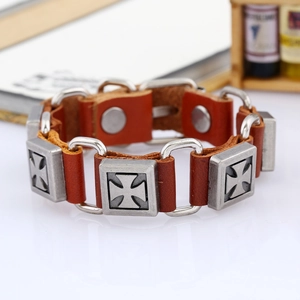 Bracelet punk en cuir vintage avec plaques en alliage à motif croix et anneaux argentés