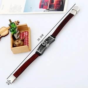 Retro brown leather punk skull bracelet for men with silver metal buckle 20.5cm long