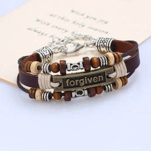 Retro multi-layer braided brown leather bracelet with forgiven bronze plaque and wooden beads
