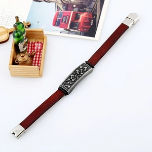 Punk brown leather bracelet with silver skull metal plate and stainless steel clasp
