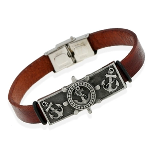 Retro Men Nautical Anchor Helm Braided Genuine Leather Bracelet With Stainless Steel Clasp Distressed Punk Jewelry Gift