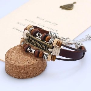 Retro multi-layer leather bracelet featuring forged metal plate and wooden beads
