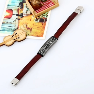 Retro brown leather bracelet with silver 'believe' engraving and metal buckle clasp
